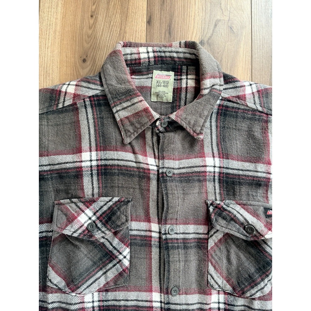 Dickies Flannel Shirt Men's XL Gray Red Plaid Heavy Cotton Shirt Work Wear - Picture 2 of 5